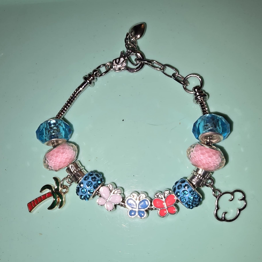 Silver Charm Bracelet with Blue and Pink Beads
